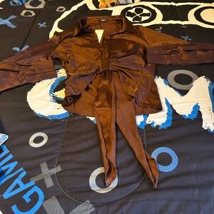 Micas Satin Tie-Front Blouse in Deep Brown